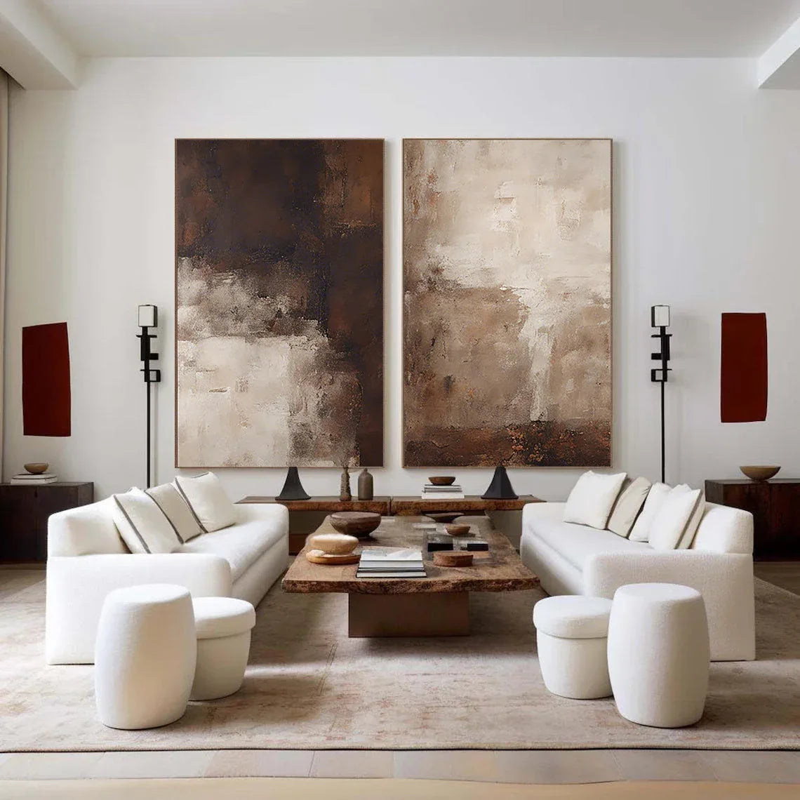 Earthy Elegance Abstract Diptych Set Of 2 - Double-Sided Vertical Banner Abstract Texture Wall Art in Earthy Colors - artextured