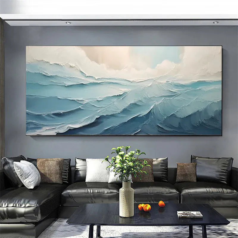 Abstract Ocean Waves Canvas Art – Textured Seascape Wall Decor#AB0519044