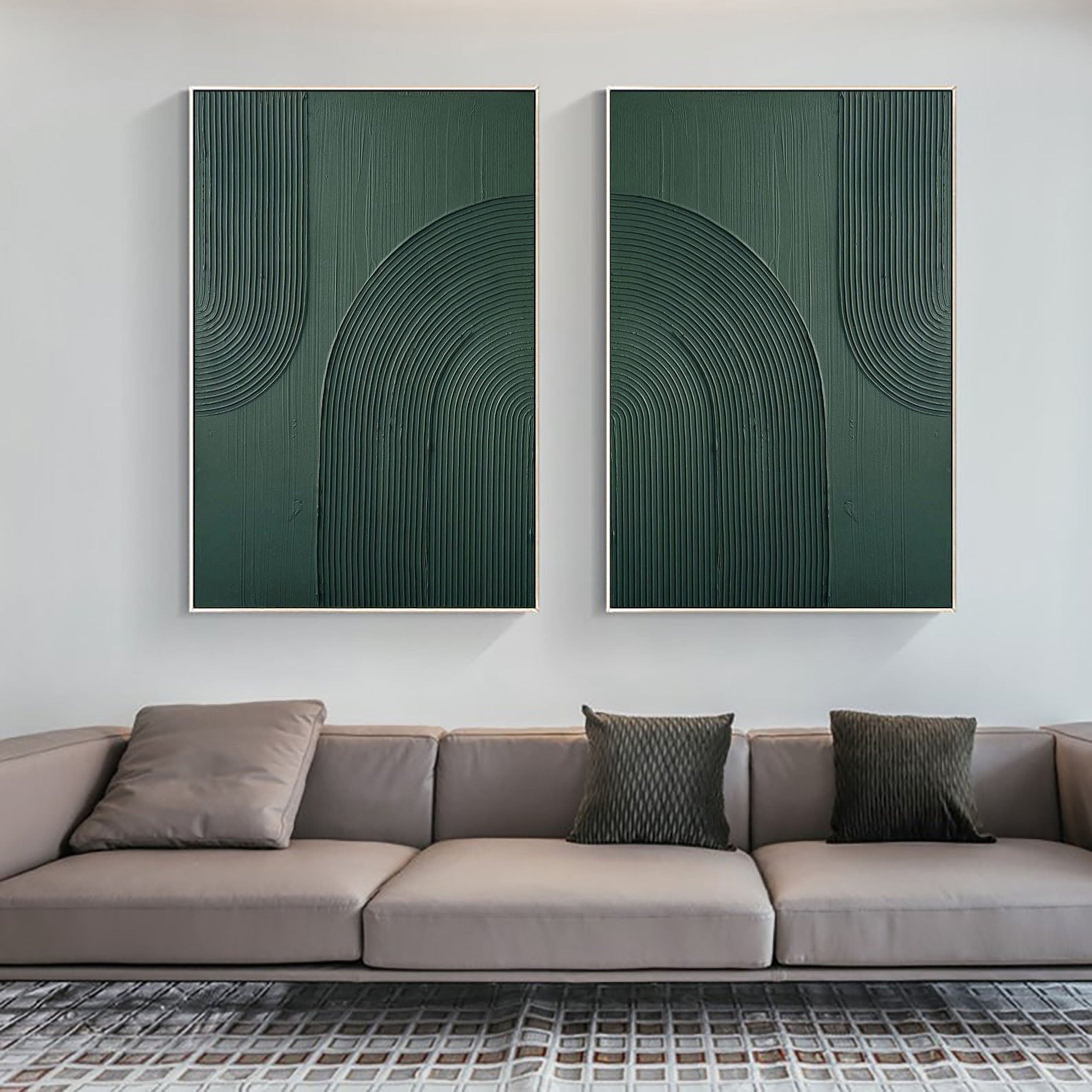 Dark Green Textured Abstract Canvas Art - Set of 2