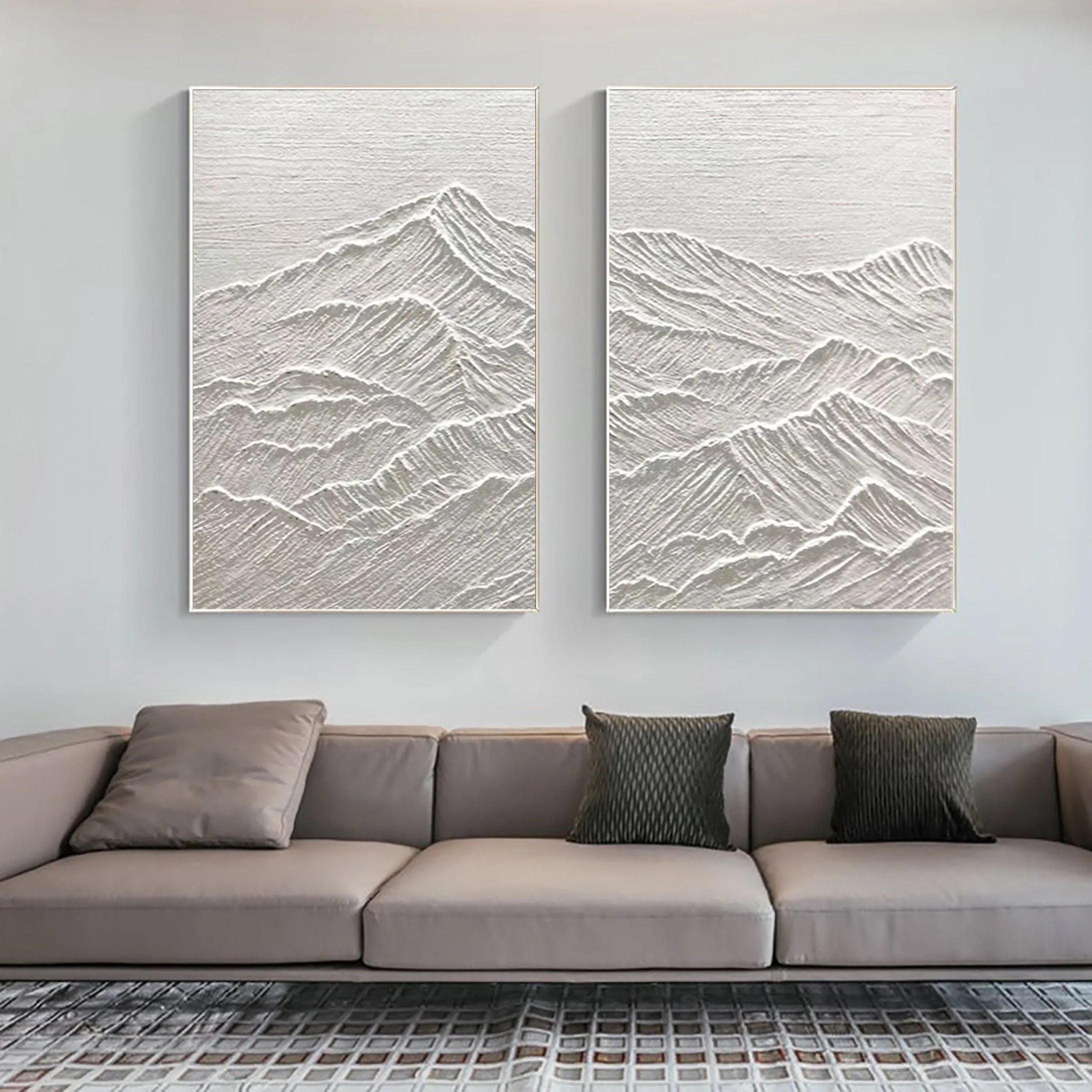 Monochrome Reflections SET OF 2-Handmade Relief Symmetrical Mountain Texture Wall Art - artextured