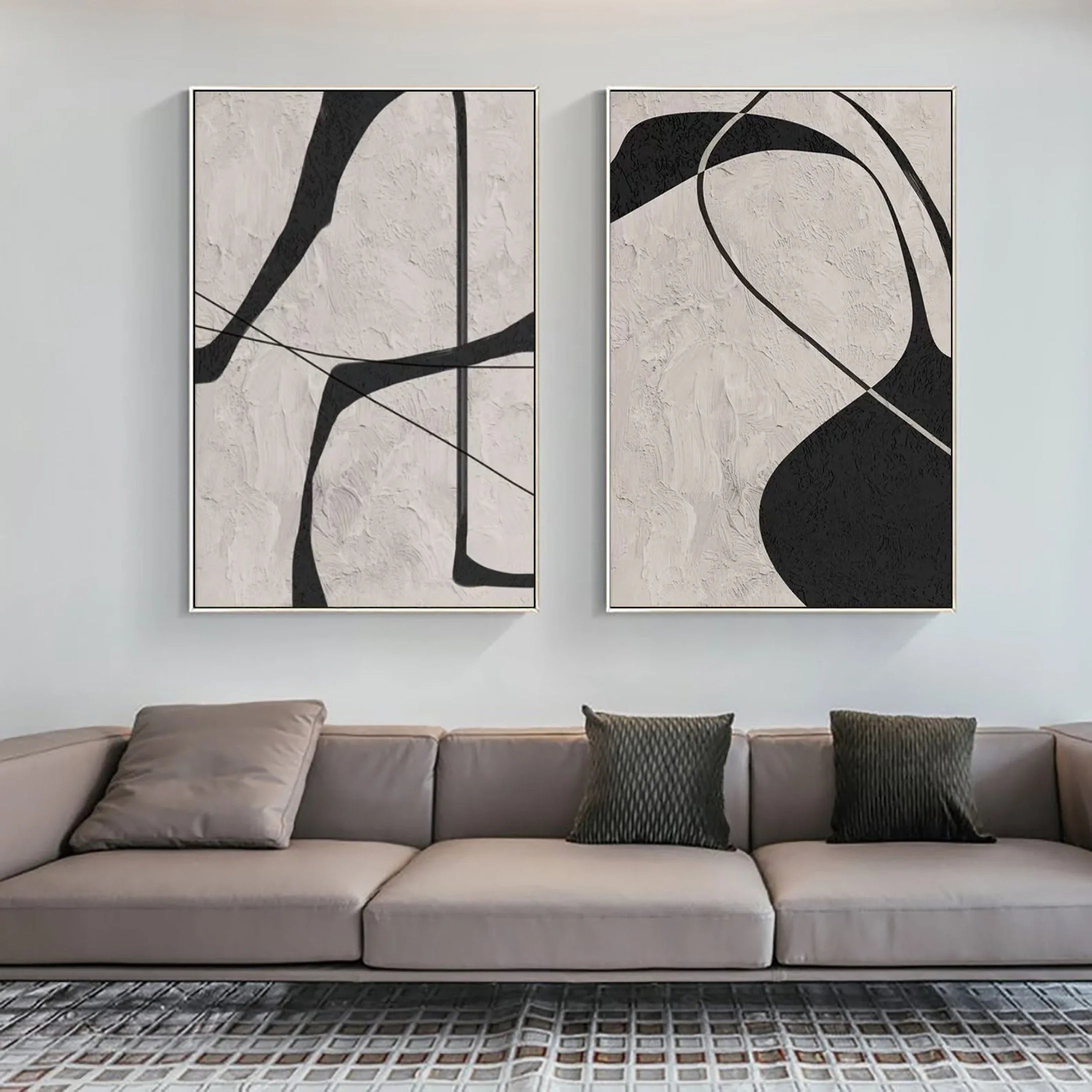 Abstract Monochrome Wall Art SET OF 2– Home Decoration Abstract Texture Lines Oil Painting - artextured