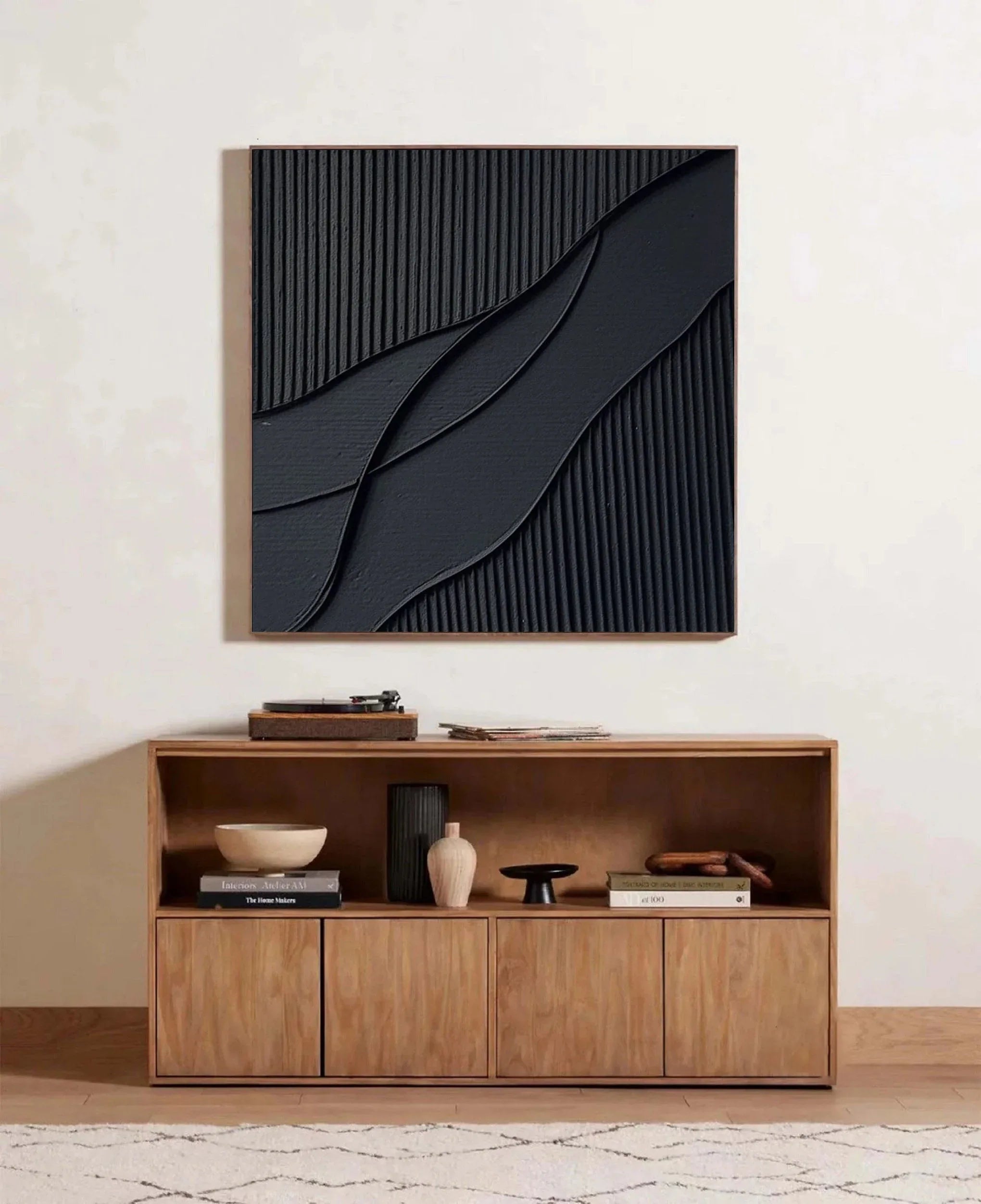 Ripple in Shadow -Black Geometric Curves and Texture Abstract Wall Art - artextured
