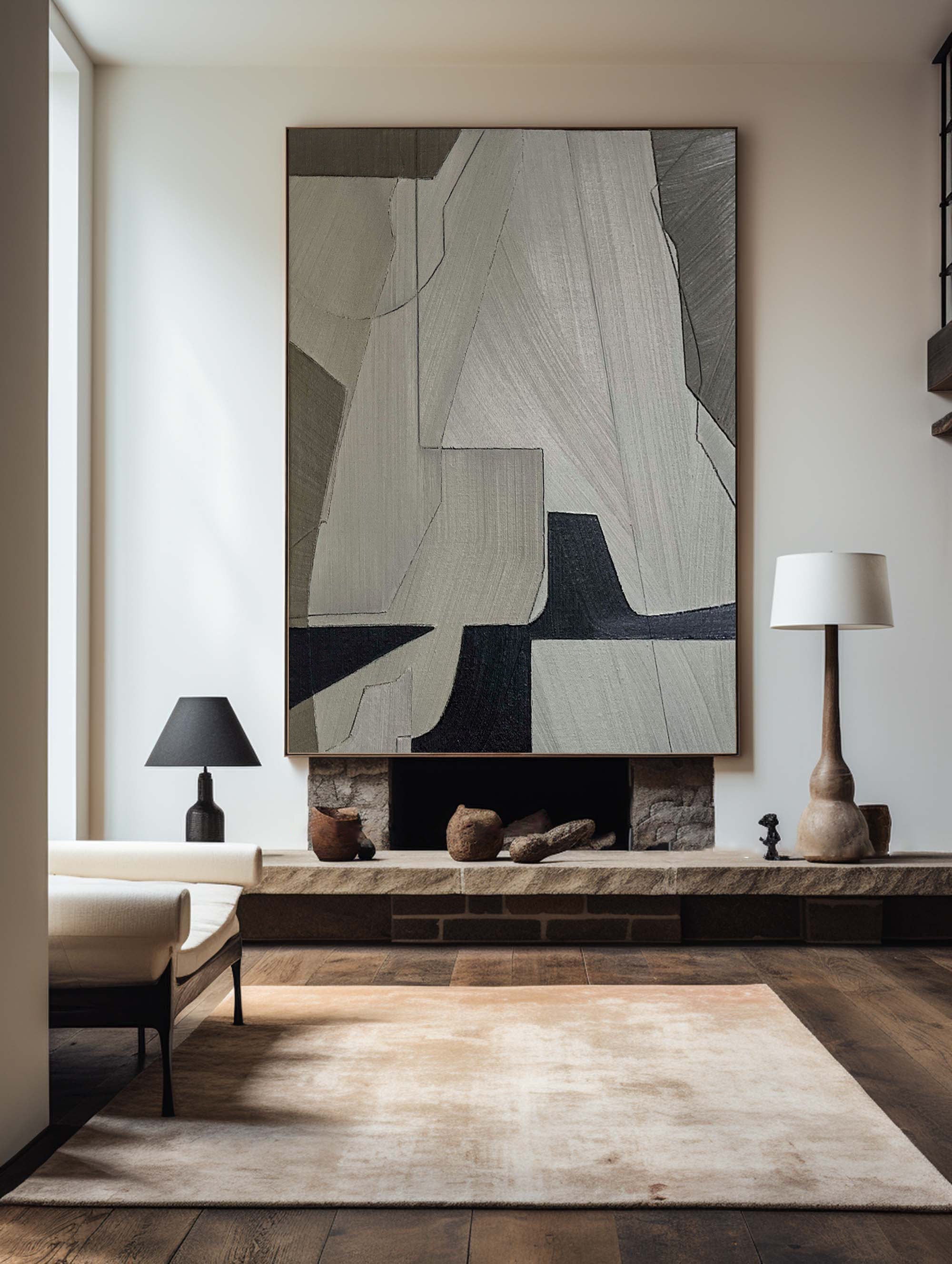 Linear Perspective-Minimalist Geometric Hand Drawn Grey Abstract Wall Art