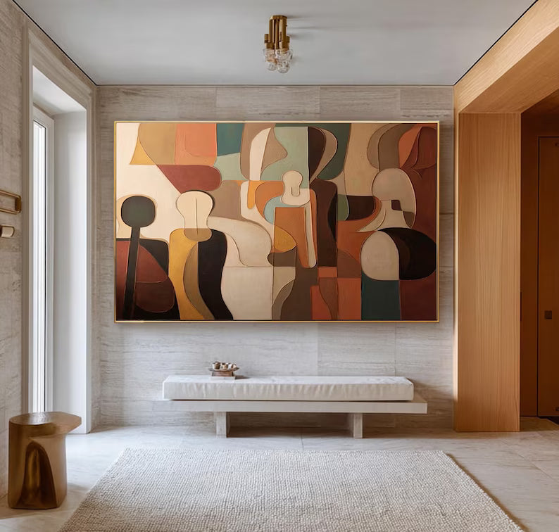 Mid Century Abstract Figures Painting – Earth Tone Wall Art#yy260618-1