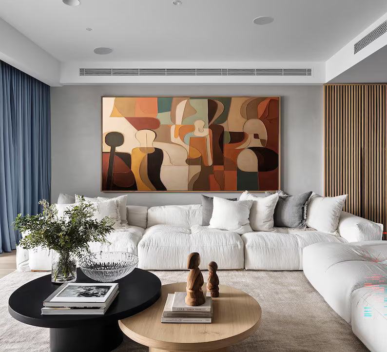 Mid Century Abstract Figures Painting – Earth Tone Wall Art#yy260618-1