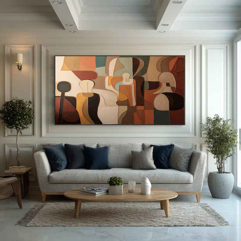 Mid Century Abstract Figures Painting – Earth Tone Wall Art#yy260618-1