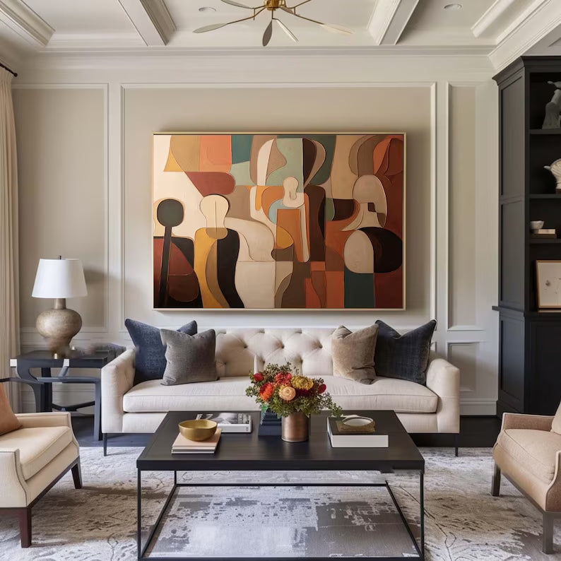Mid Century Abstract Figures Painting – Earth Tone Wall Art#yy260618-1