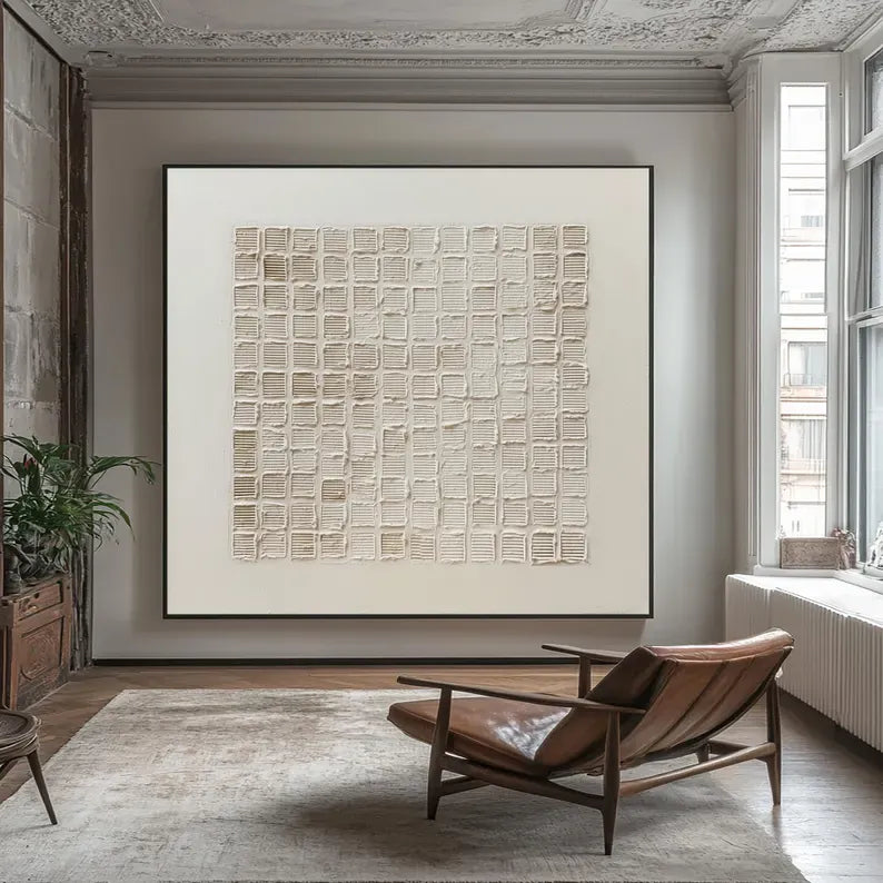 Neutral Textured Grid Painting – Minimalist Geometric Wall Art#yy260618-3