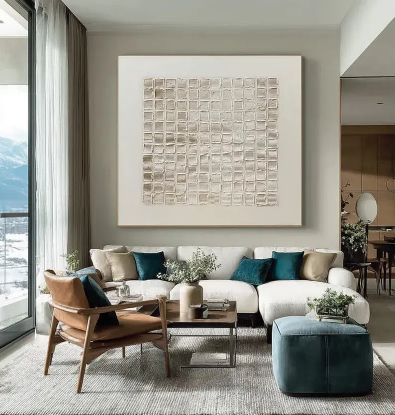 Neutral Textured Grid Painting – Minimalist Geometric Wall Art#yy260618-3