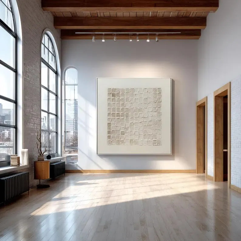 Neutral Textured Grid Painting – Minimalist Geometric Wall Art#yy260618-3
