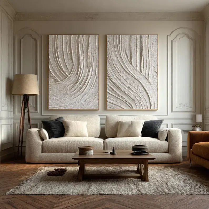 Ivory Rhythm Textured Diptych – Neutral Minimalist Wall Art#yy260618-4