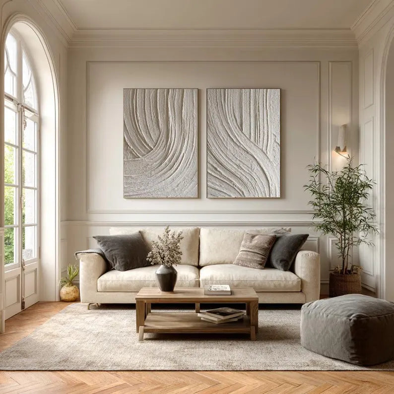 Ivory Rhythm Textured Diptych – Neutral Minimalist Wall Art#yy260618-4