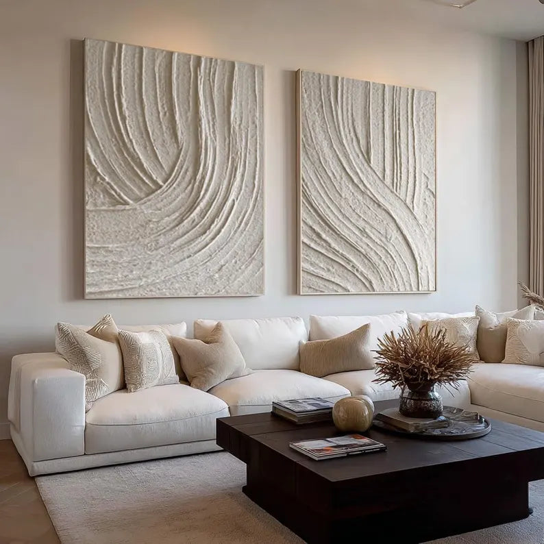 Ivory Rhythm Textured Diptych – Neutral Minimalist Wall Art#yy260618-4