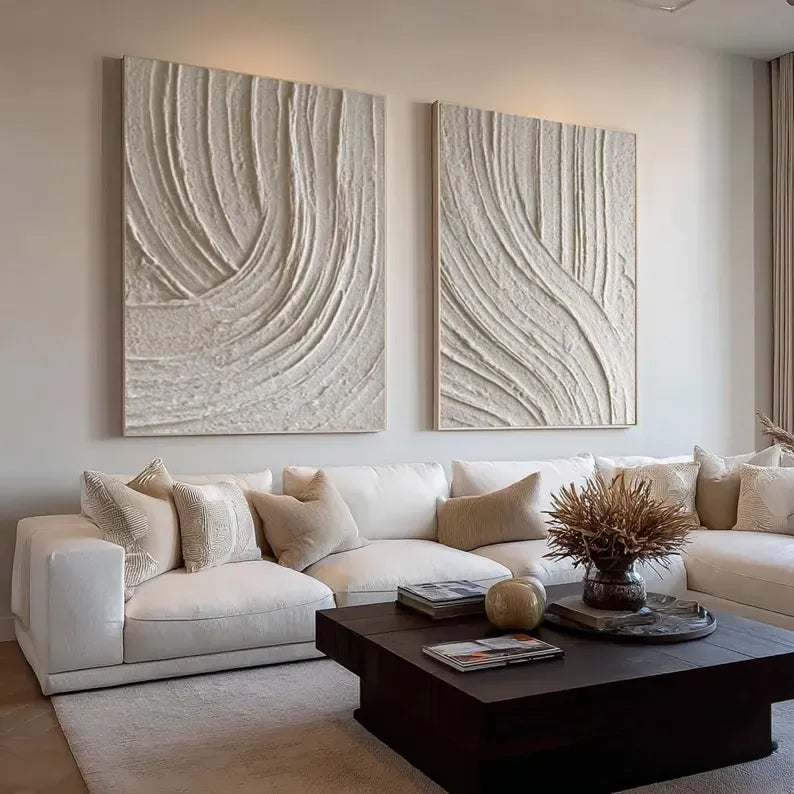 Ivory Rhythm Textured Diptych – Neutral Minimalist Wall Art#yy260618-4