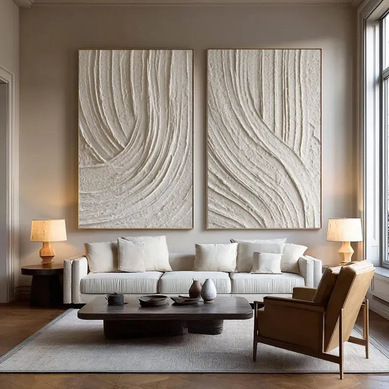Ivory Rhythm Textured Diptych – Neutral Minimalist Wall Art#yy260618-4