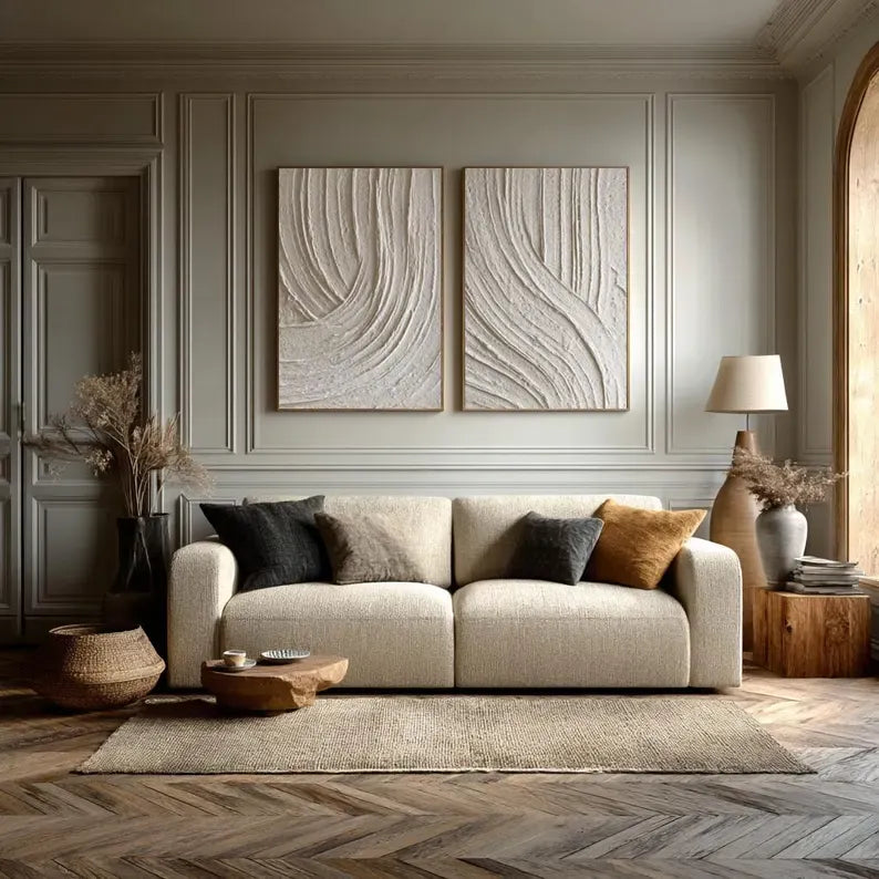 Ivory Rhythm Textured Diptych – Neutral Minimalist Wall Art#yy260618-4