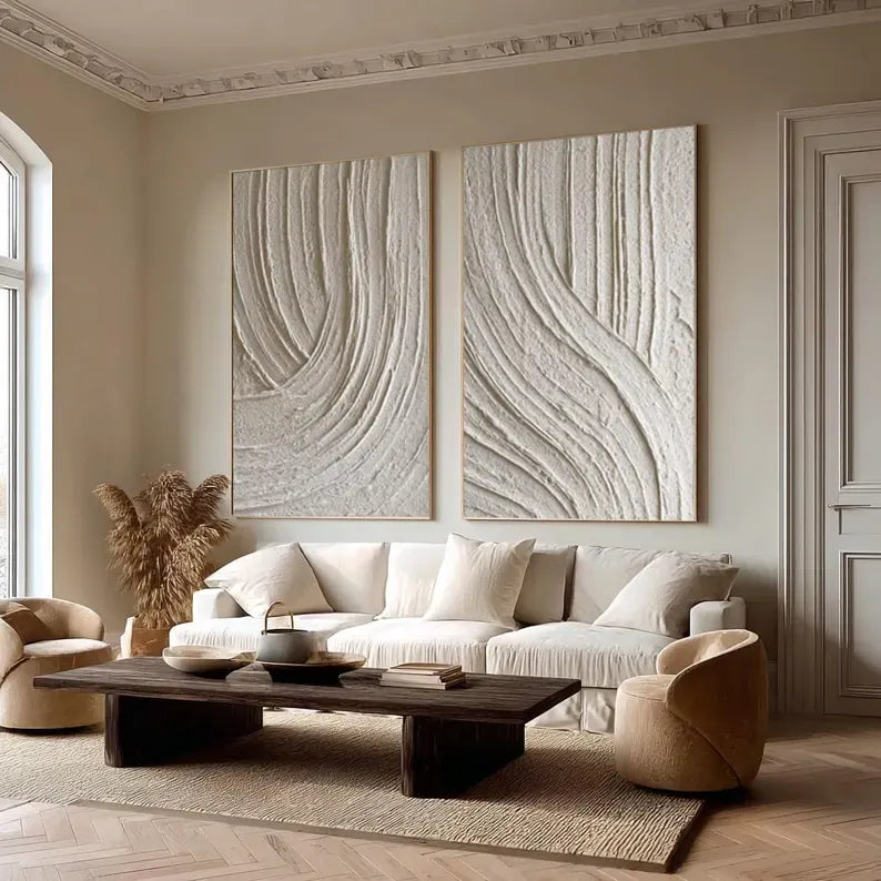 Ivory Rhythm Textured Diptych – Neutral Minimalist Wall Art#yy260618-4