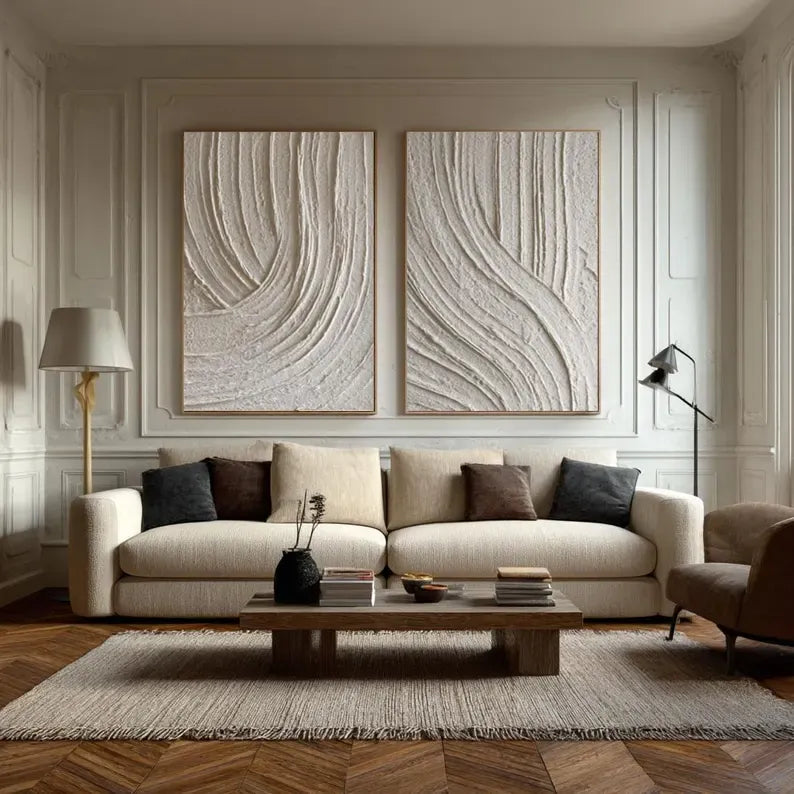 Ivory Rhythm Textured Diptych – Neutral Minimalist Wall Art#yy260618-4