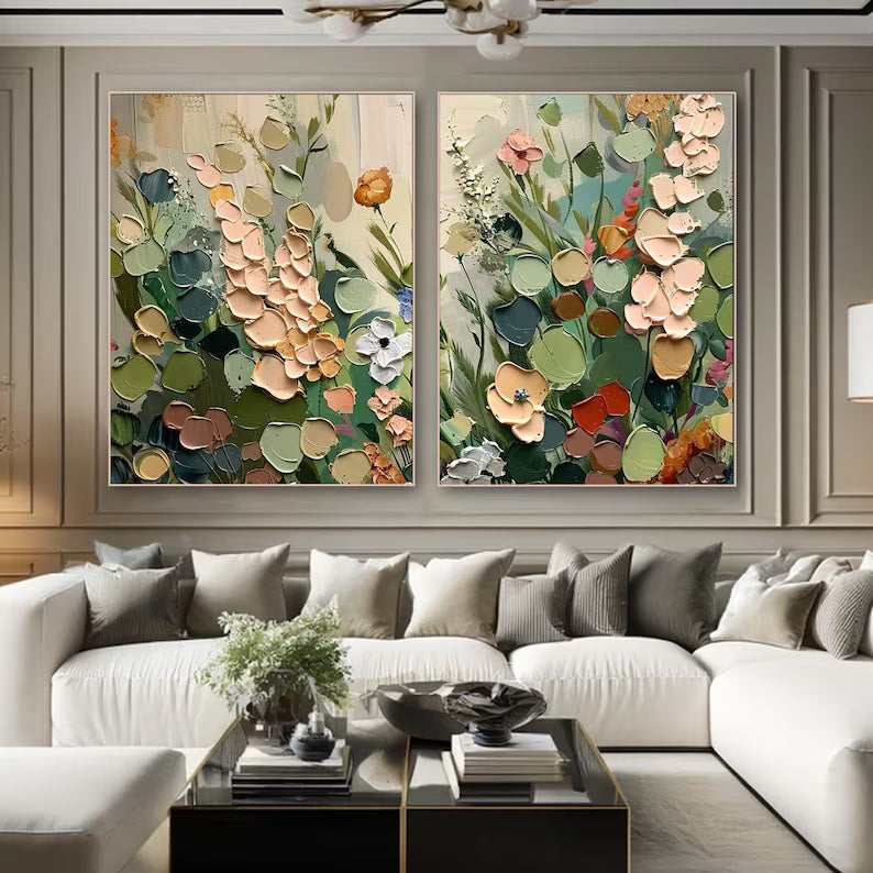 Sage Green Floral Diptych – Textured Botanical Wall Art#yy260618-7