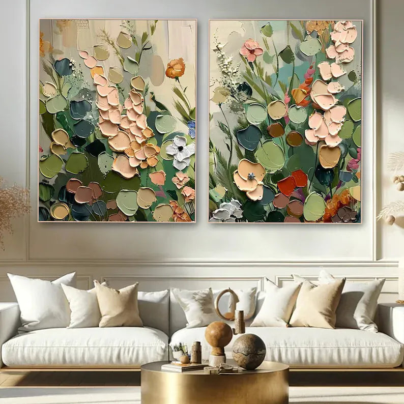Sage Green Floral Diptych – Textured Botanical Wall Art#yy260618-7