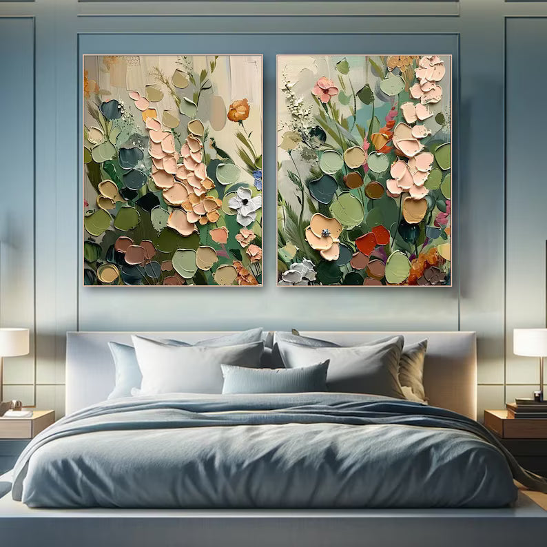 Sage Green Floral Diptych – Textured Botanical Wall Art#yy260618-7