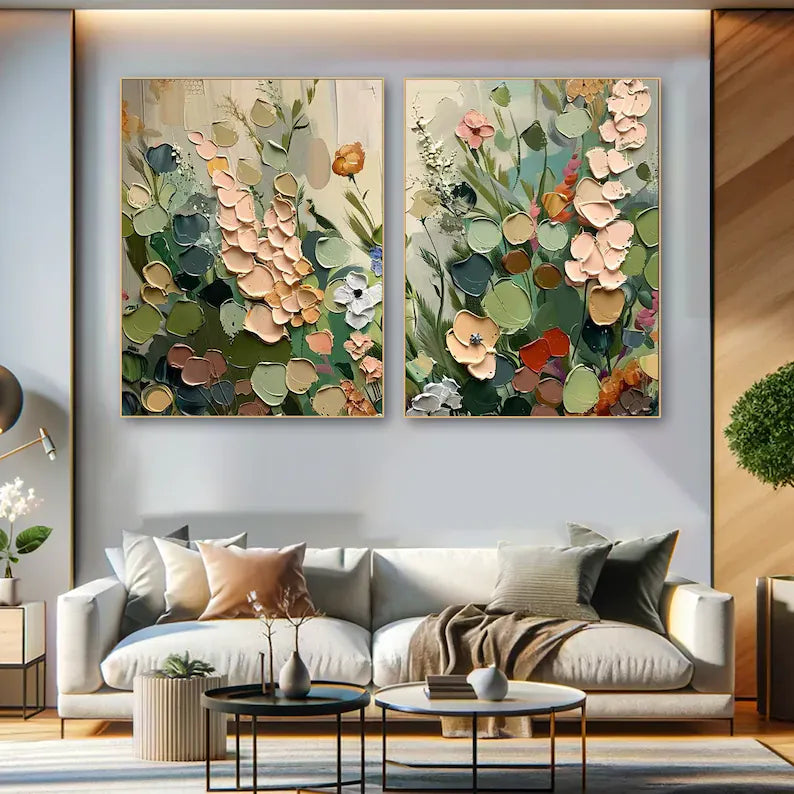 Sage Green Floral Diptych – Textured Botanical Wall Art#yy260618-7