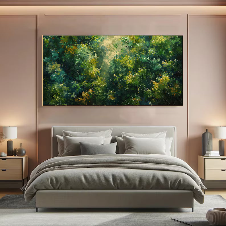 Sunlit Forest Landscape Painting – Green Woodland Wall Art#yy260618-8