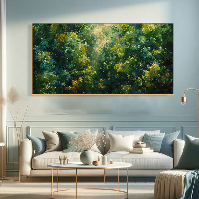 Sunlit Forest Landscape Painting – Green Woodland Wall Art#yy260618-8