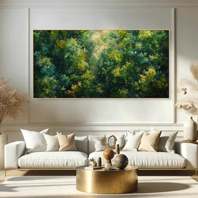 Sunlit Forest Landscape Painting – Green Woodland Wall Art#yy260618-8