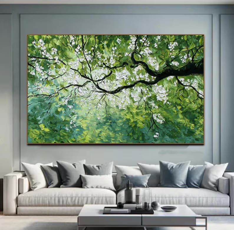 White Blossom Tree Painting – Green Botanical Wall Art#yy260618-a-02