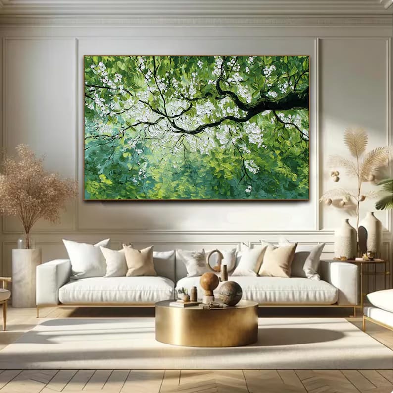 White Blossom Tree Painting – Green Botanical Wall Art#yy260618-a-02