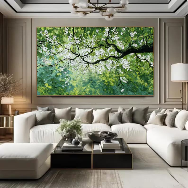 White Blossom Tree Painting – Green Botanical Wall Art#yy260618-a-02