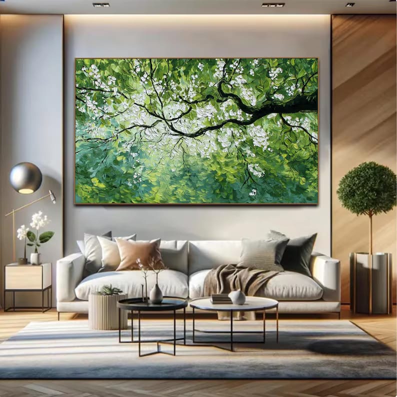 White Blossom Tree Painting – Green Botanical Wall Art#yy260618-a-02