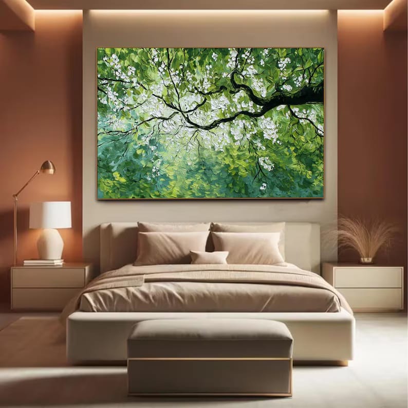White Blossom Tree Painting – Green Botanical Wall Art#yy260618-a-02