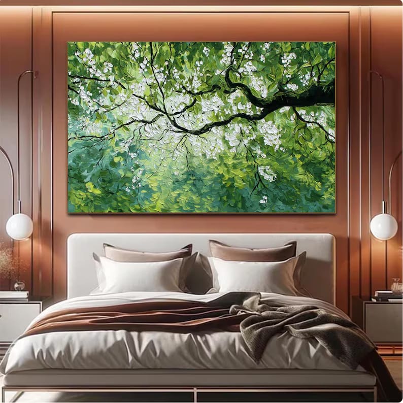 White Blossom Tree Painting – Green Botanical Wall Art#yy260618-a-02