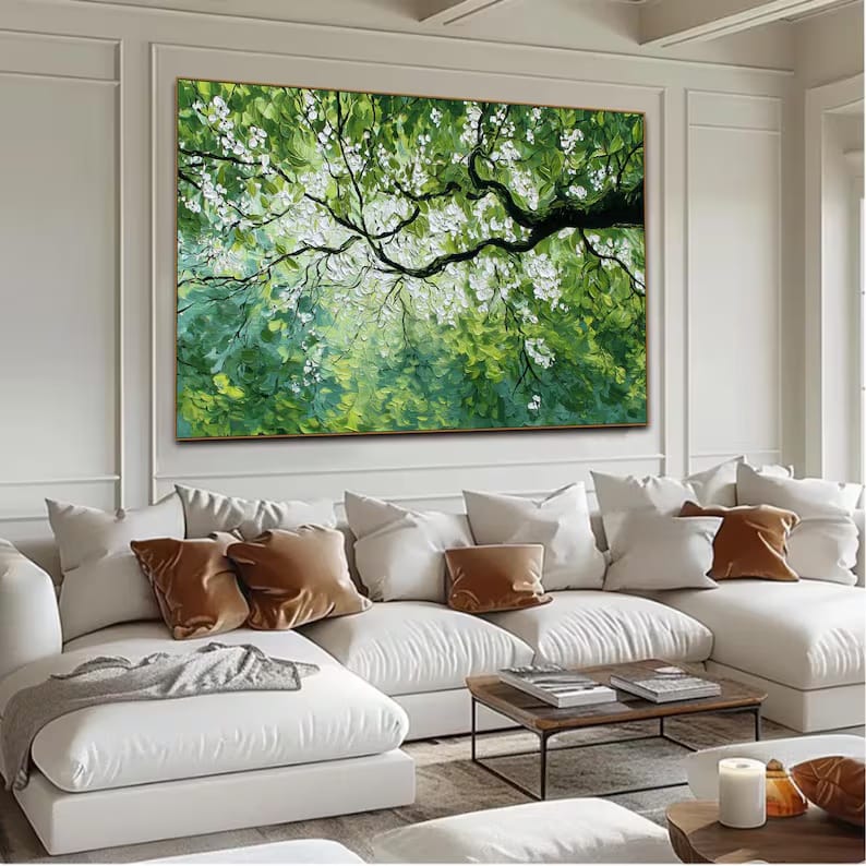White Blossom Tree Painting – Green Botanical Wall Art#yy260618-a-02