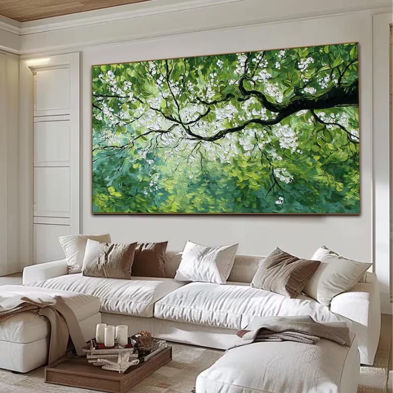 White Blossom Tree Painting – Green Botanical Wall Art#yy260618-a-02