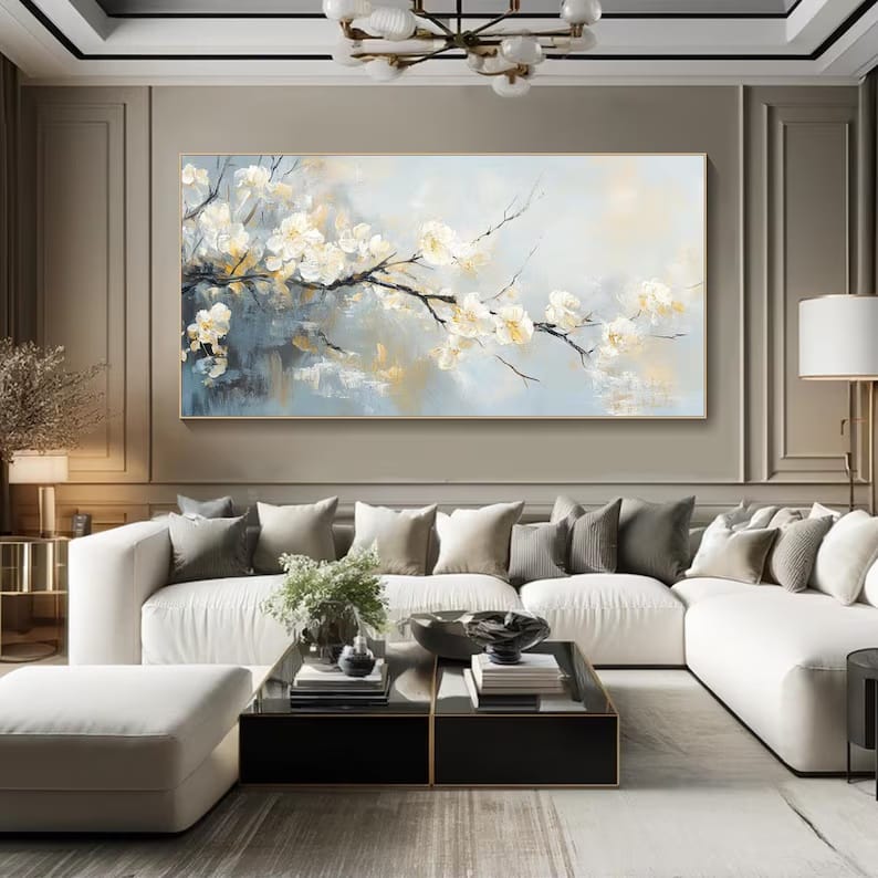 White Blossom Branch Painting – Textured Floral Wall Art#yy260618-a-04