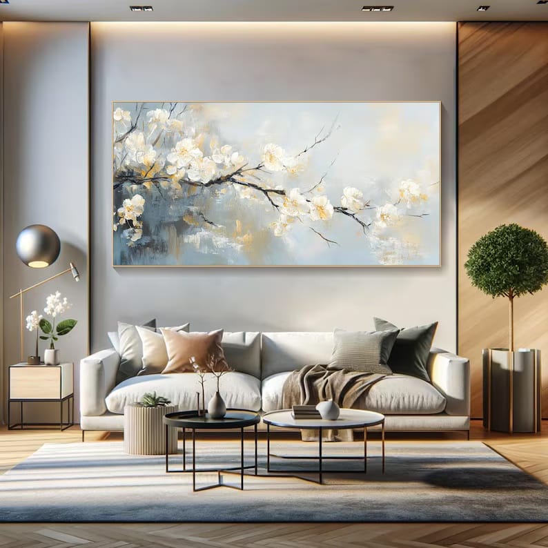 White Blossom Branch Painting – Textured Floral Wall Art#yy260618-a-04