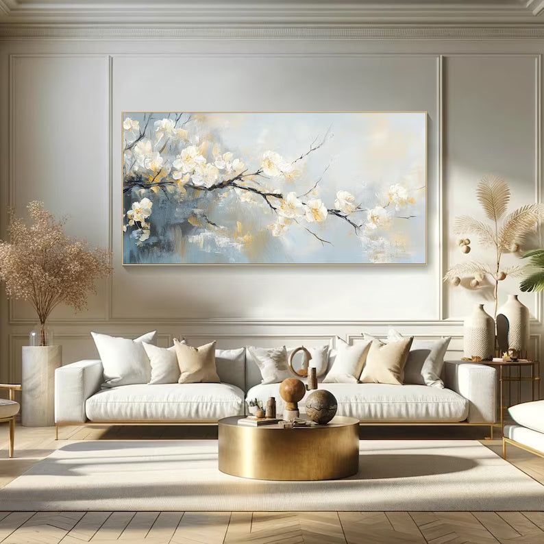White Blossom Branch Painting – Textured Floral Wall Art#yy260618-a-04