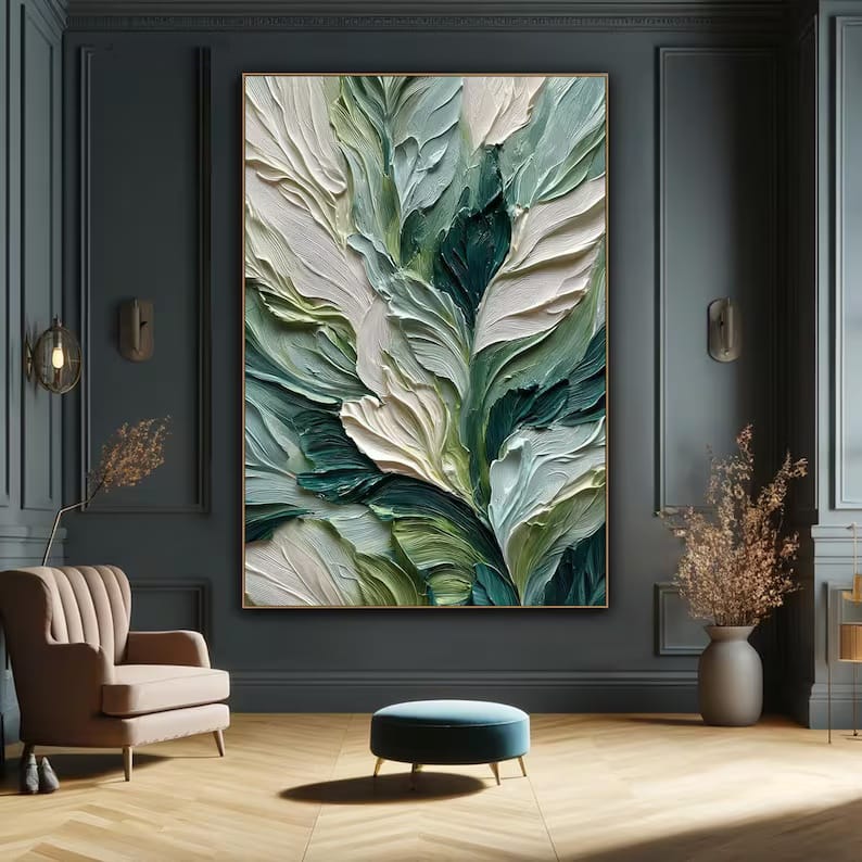 Emerald Green Textured Leaf Painting – Botanical Wall Art#yy260618-a-05