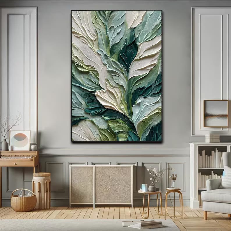 texture Emerald Green Textured Leaf Painting – Botanical Wall Art#yy260618-a-05