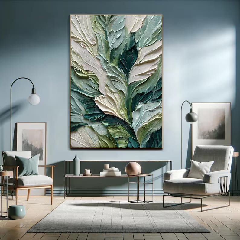 Emerald Green Textured Leaf Painting – Botanical Wall Art#yy260618-a-05