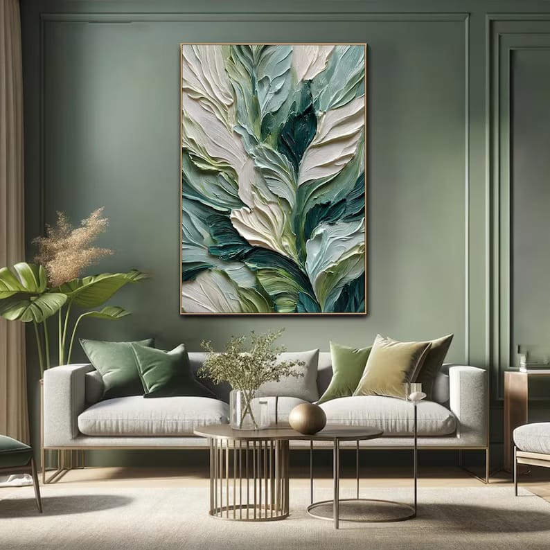 Emerald Green Textured Leaf Painting – Botanical Wall Art#yy260618-a-05