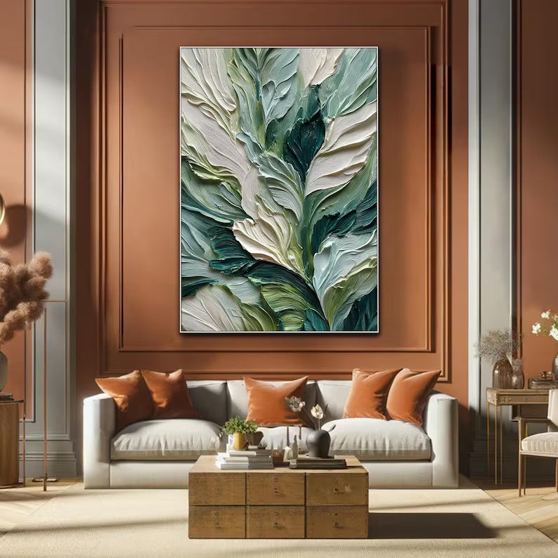 Emerald Green Textured Leaf Painting – Botanical Wall Art#yy260618-a-05