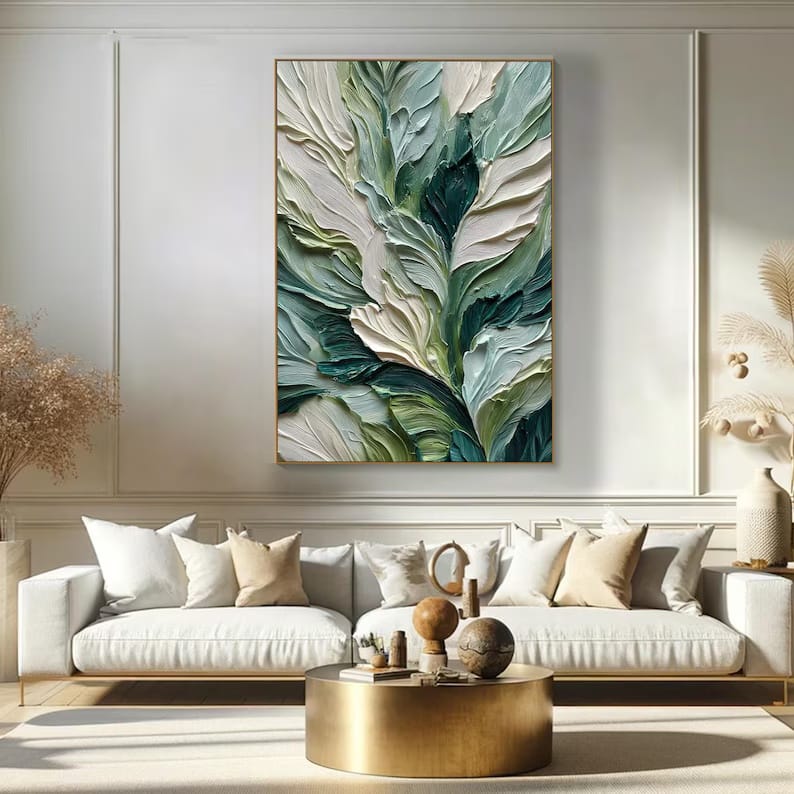 Emerald Green Textured Leaf Painting – Botanical Wall Art#yy260618-a-05