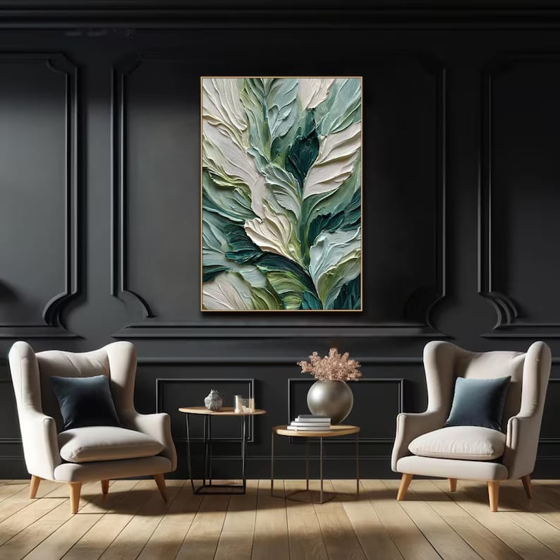 Emerald Green Textured Leaf Painting – Botanical Wall Art#yy260618-a-05