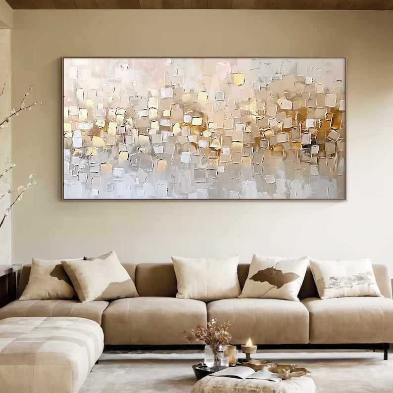 Gold and Beige Textured Abstract Painting – Geometric Wall Art#yy260618-a-08