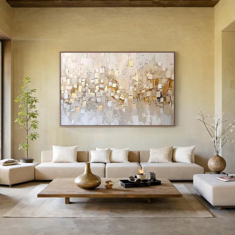 Gold and Beige Textured Abstract Painting – Geometric Wall Art#yy260618-a-08