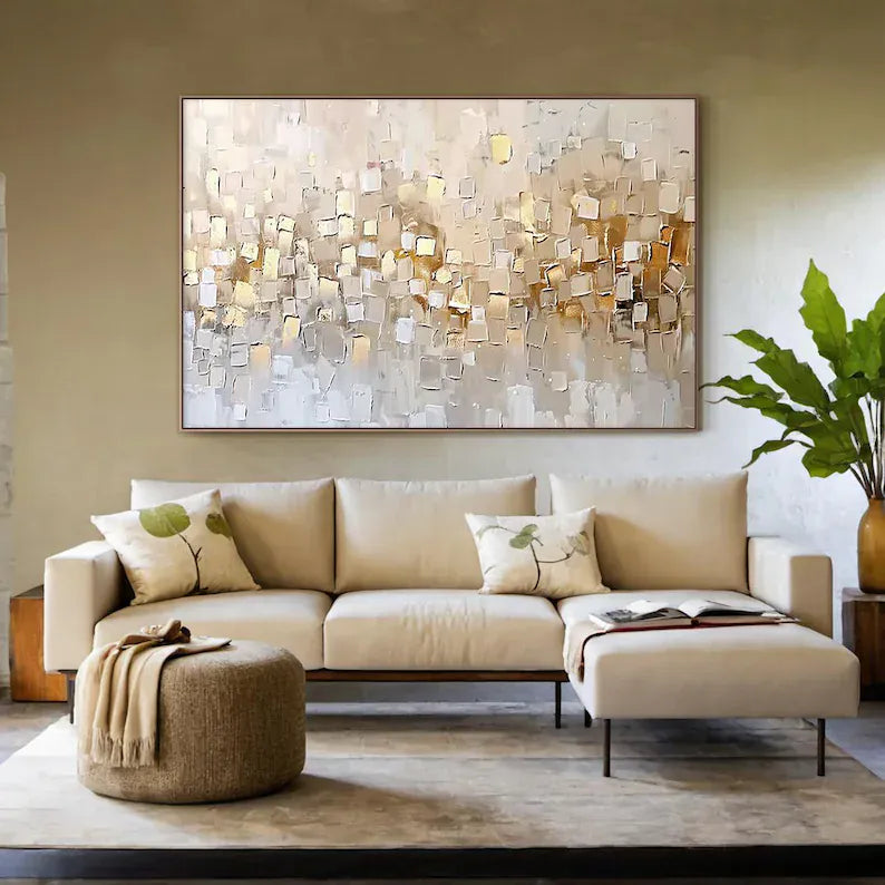 Gold and Beige Textured Abstract Painting – Geometric Wall Art#yy260618-a-08